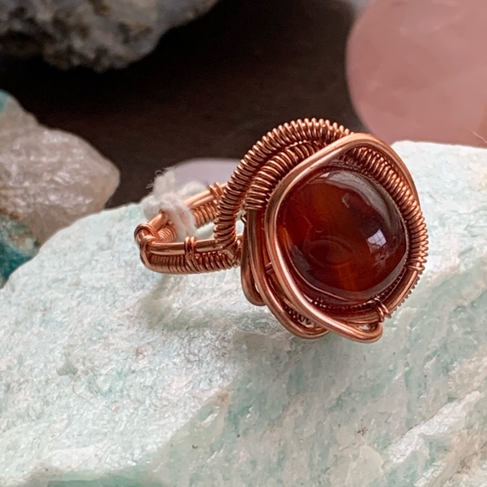 Carnelian wire wrapped copper ring.  Size 8